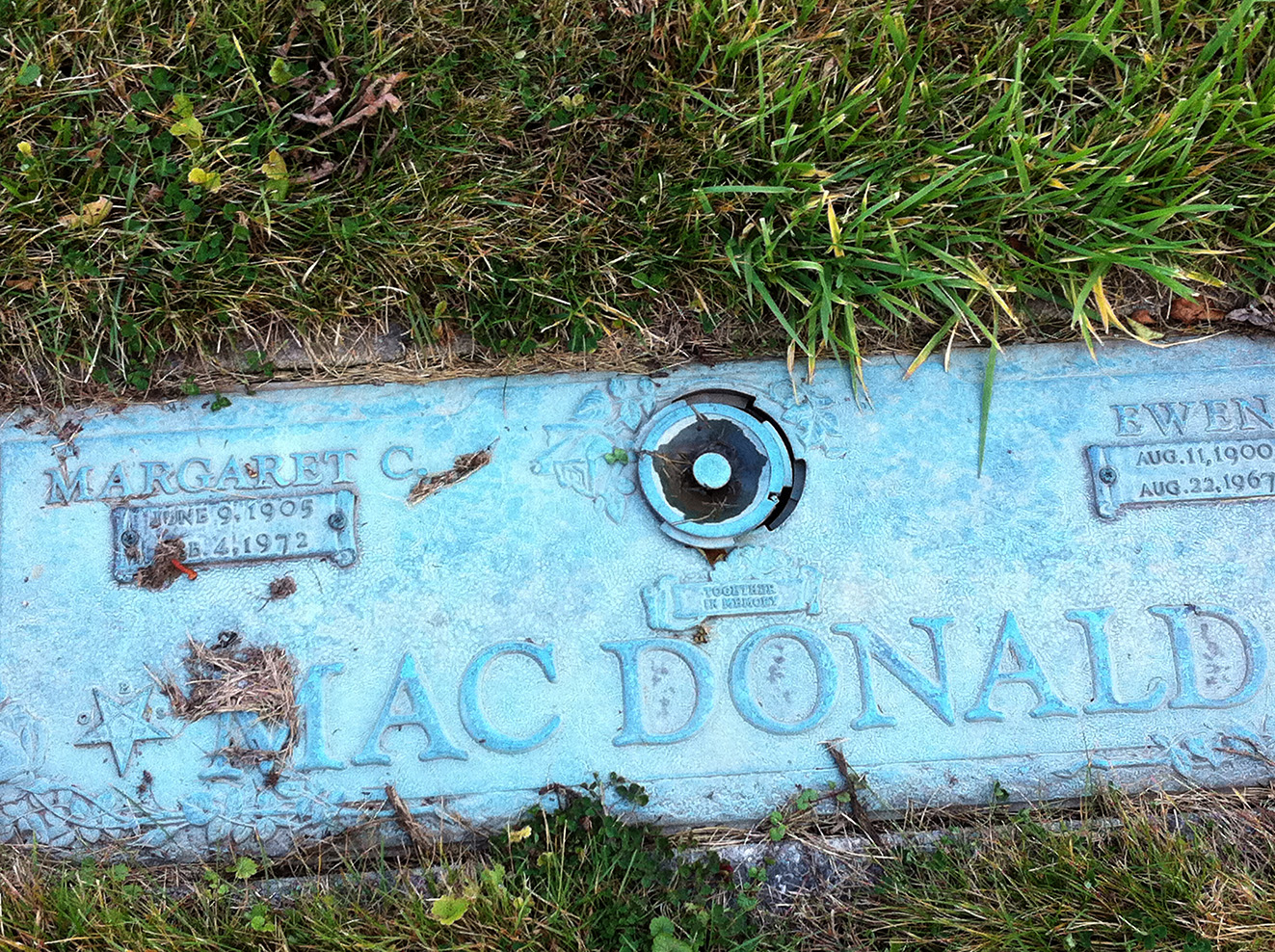 Photo of headstones/Margaret MacDonald (nee McLennan) 1905-1972 hdstn Michigan Memorial Pk